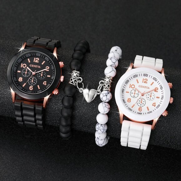Geneva Couple Watches Silicone Band Quartz Magnetic Heart Beads Bracelets Set